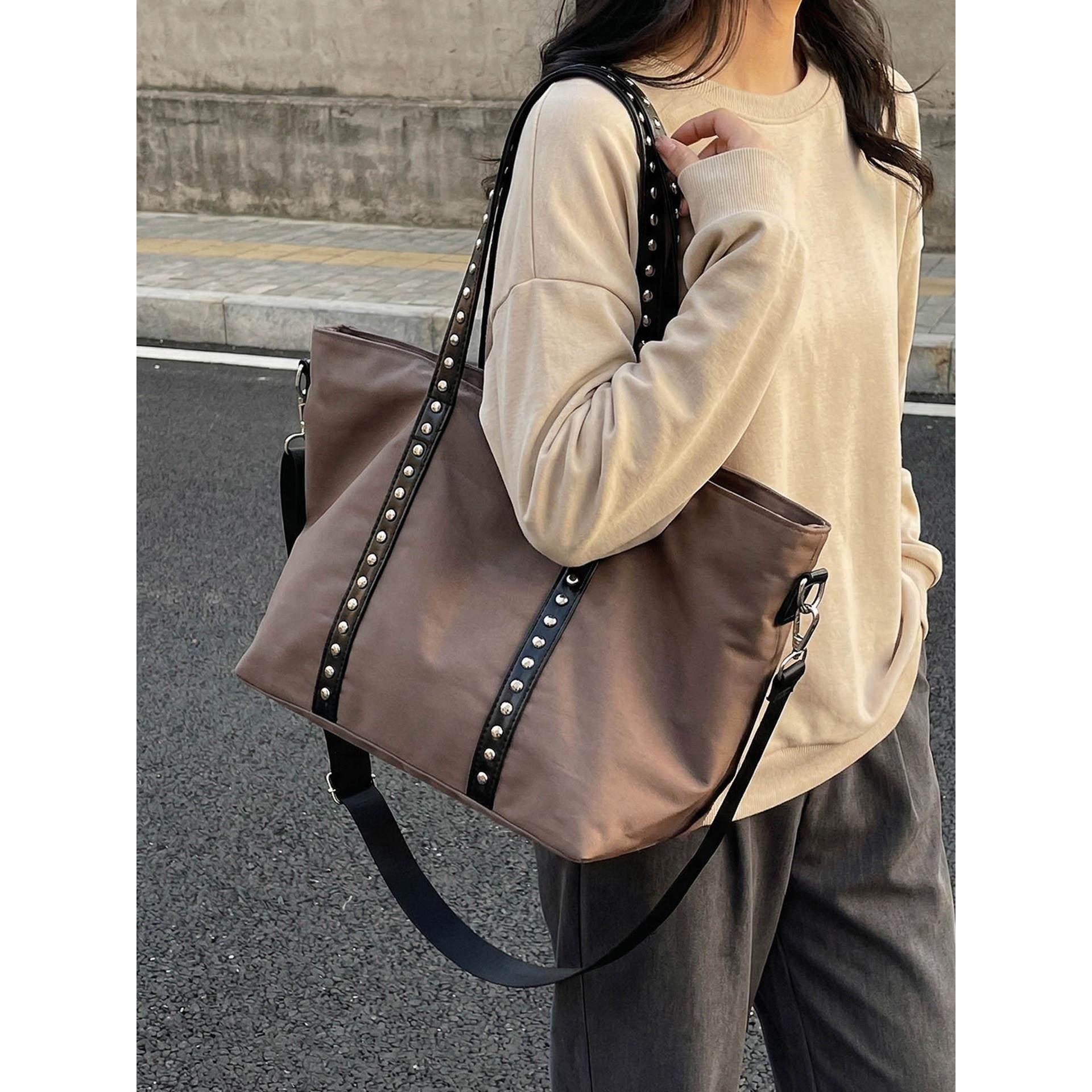 慵懒风包包女式2026新款铆钉托特包大容量上课通勤手提单肩斜挎包,箱包皮具/热销女包/男包,托特包,淘宝优惠券,粉丝福利购,淘宝优惠卷