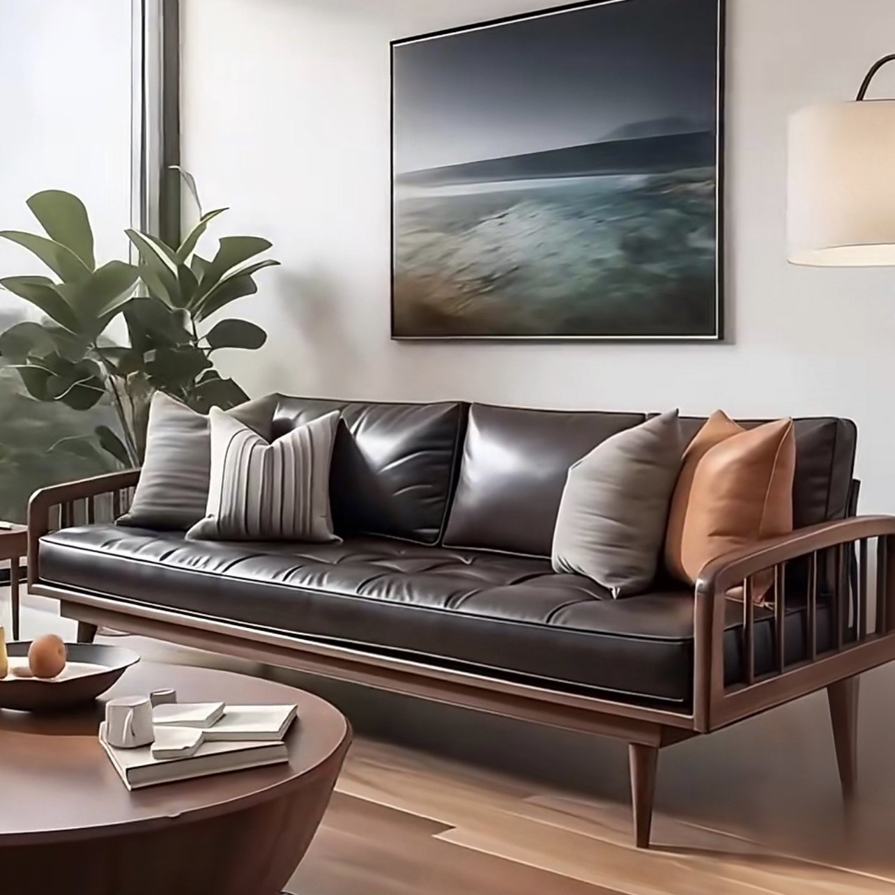 新中式黑胡桃木实木沙发三人位皮革工艺榫卯结构复古客厅家具沙发