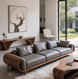 现代简约黑胡桃木实木沙发三人位灰色皮质大小客厅家具简约沙发