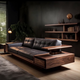 新中式直排黑胡桃木实木沙发客厅直排榫卯结构多功能储物沙发