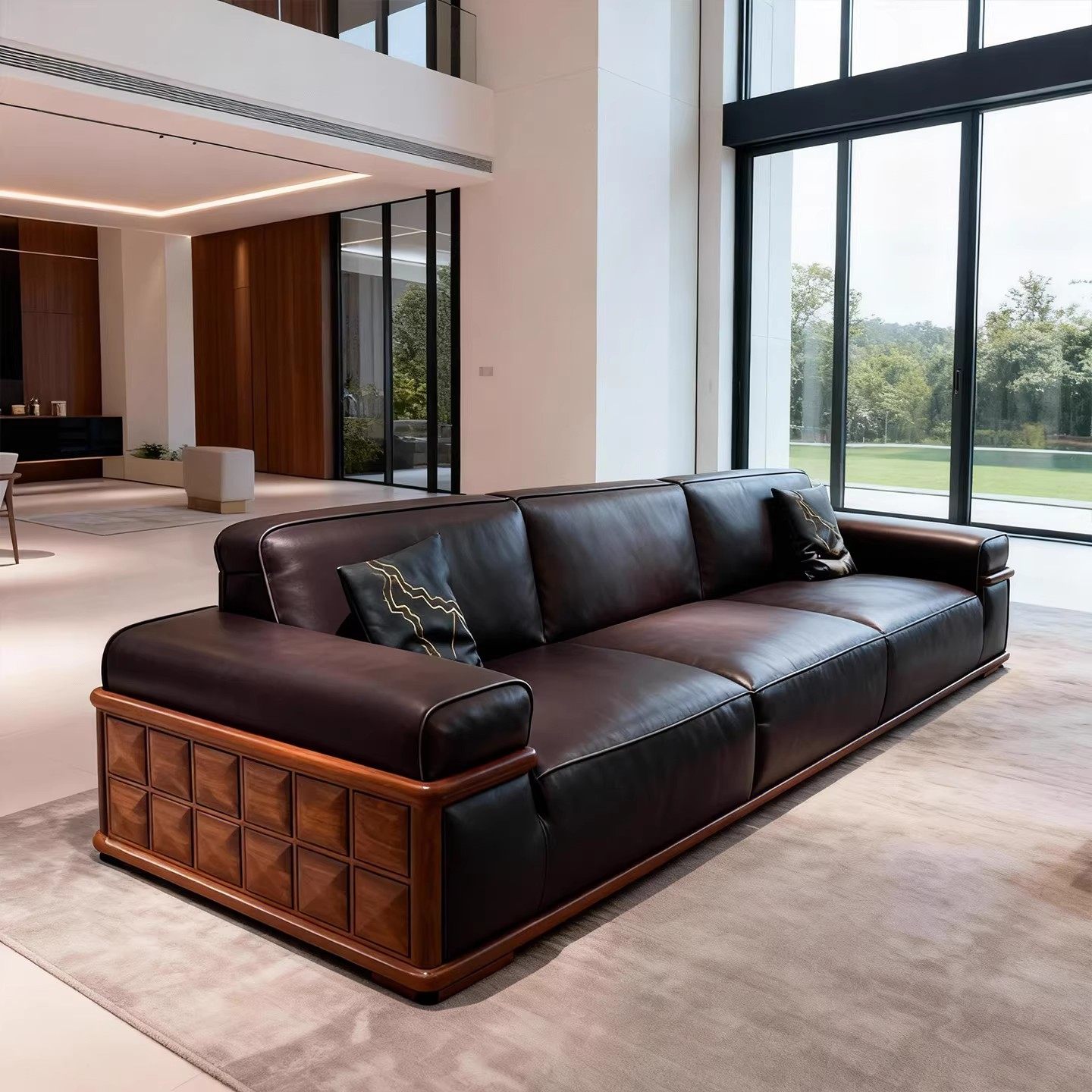 新中式实木沙发客厅新款北美黑胡桃木高端大小户型家用直排皮艺,住宅家具,实木沙发,淘宝优惠券,粉丝福利购,淘宝优惠卷