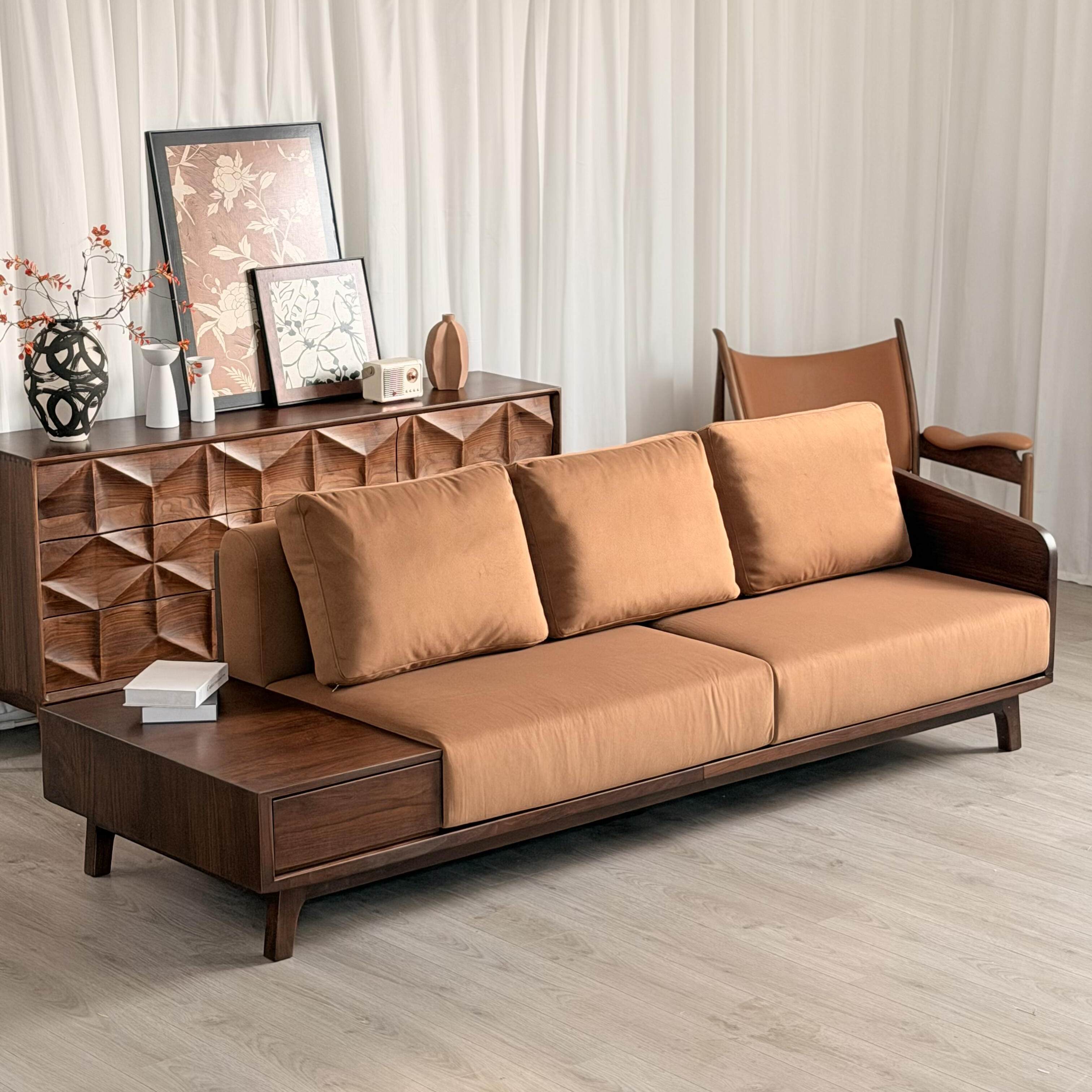 新中式黑胡桃木实木沙发客厅三人位储物轻奢商务风高端家具沙发