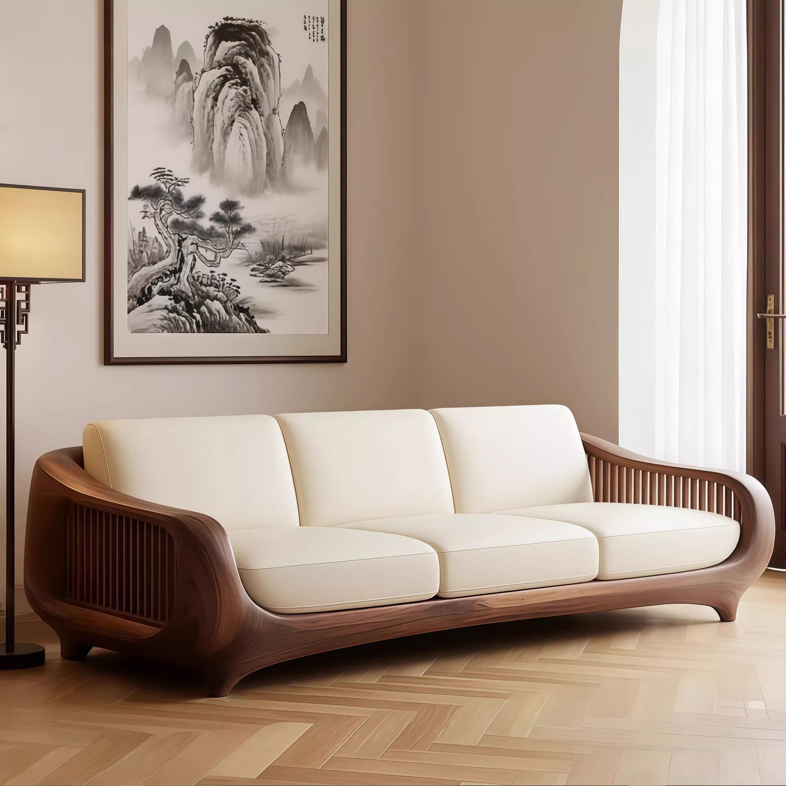 新中式实木沙发高端胡桃木三人位设计款客厅皮艺布艺沙发2025新款