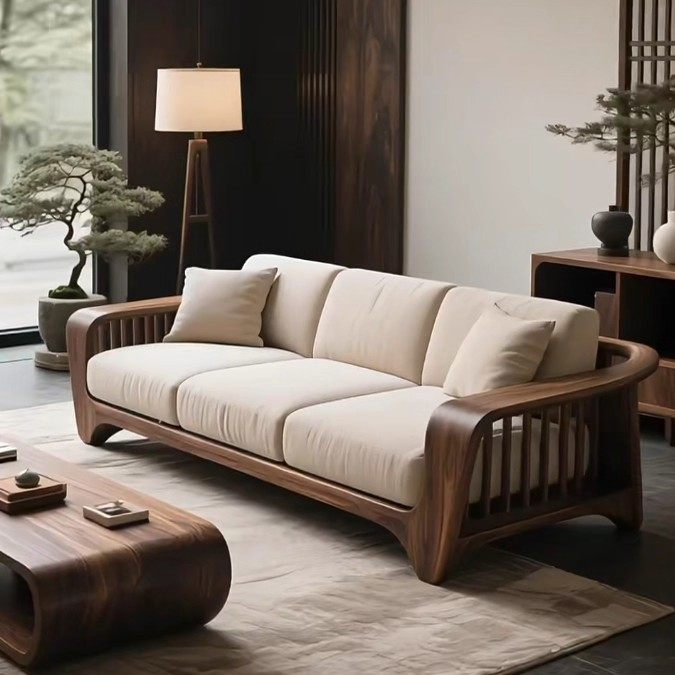 新中式实木沙发2025新款现代简约家用客厅直排胡桃木沙发布艺沙发