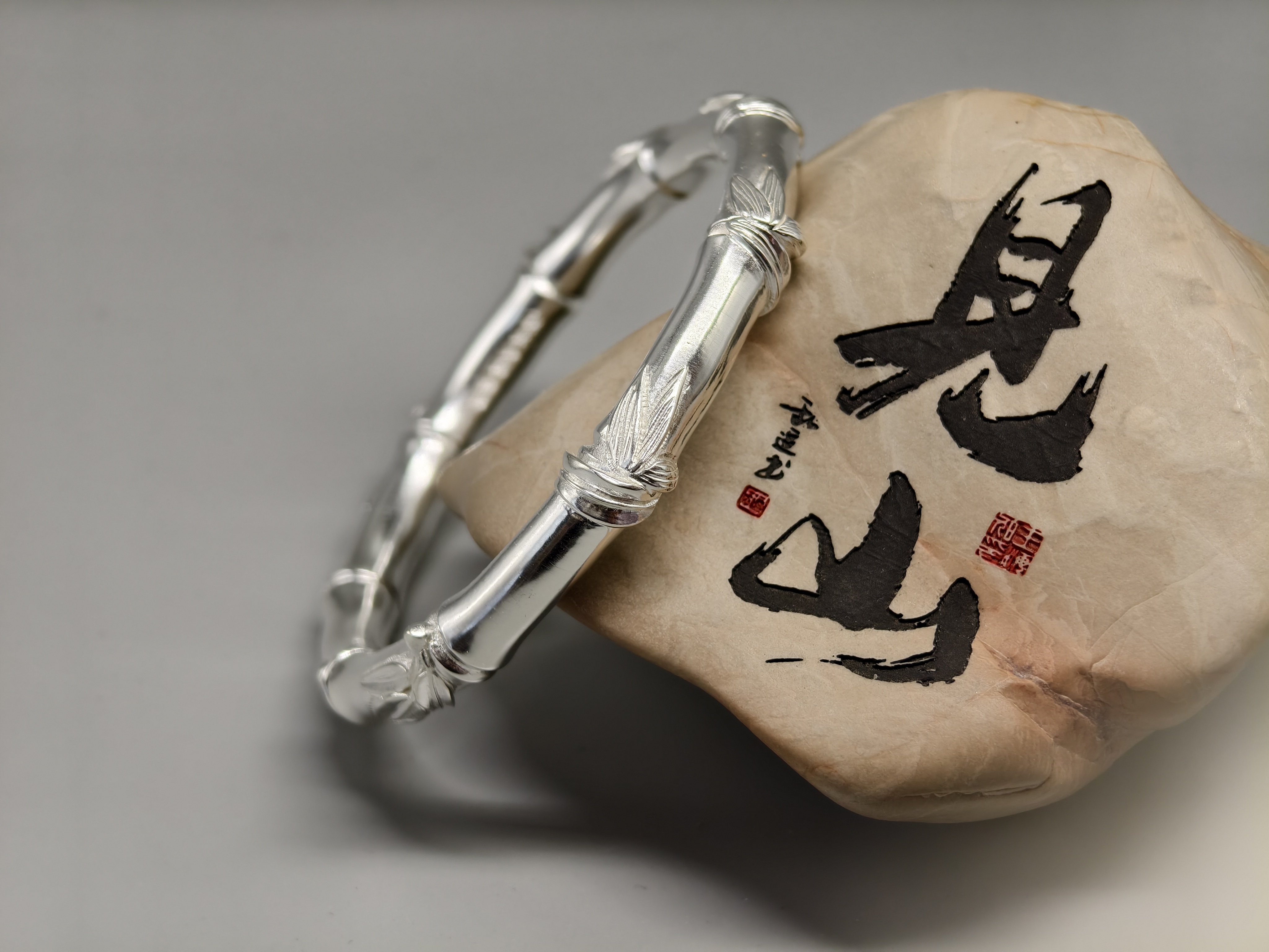 足银9999手工錾刻竹节手镯