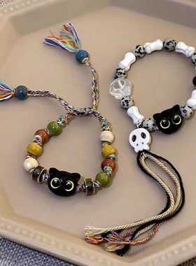 骷髅猫手链陶瓷编织绳高颜值情侣