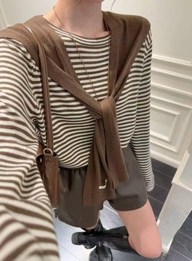 两件套女装针织衫条纹长袖宽松时尚披肩百搭薄款显瘦上衣防晒衫