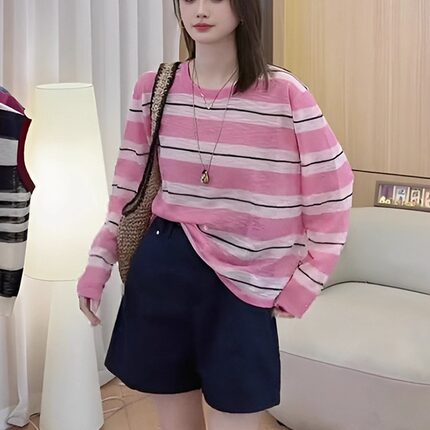 粉色条纹长袖T恤女秋季2025新款百搭设计感小众薄款防晒罩衫上衣