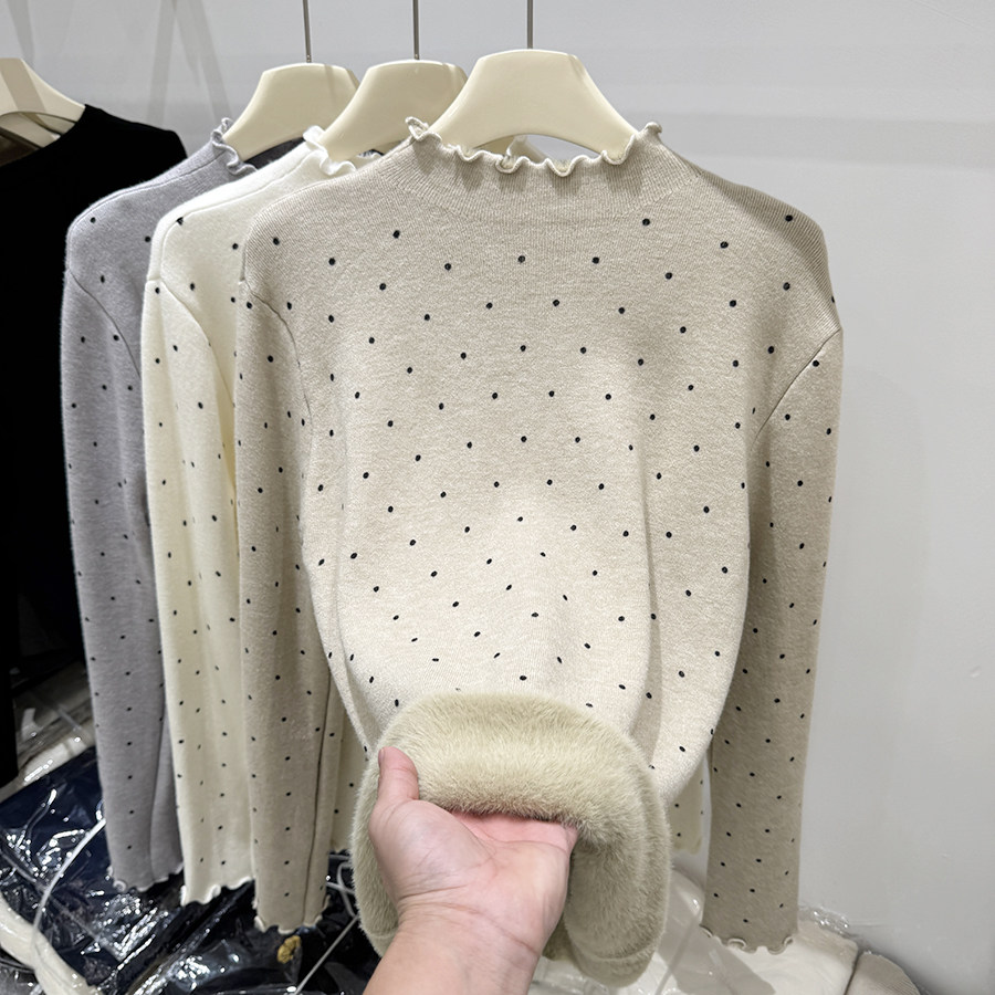 波点木耳边半高领加绒针织衫女秋冬修身保暖内搭打底衫长袖毛衣