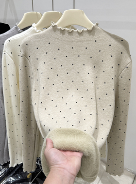 波点木耳边半高领加绒针织衫女秋冬修身保暖内搭打底衫长袖毛衣