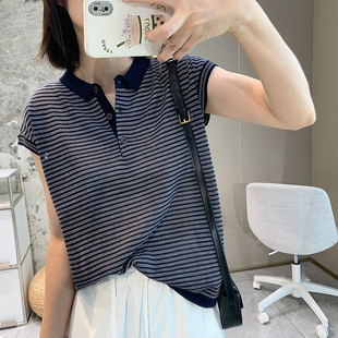 2025夏季新款欧货休闲撞色小翻领短袖细条纹冰麻针织T恤女