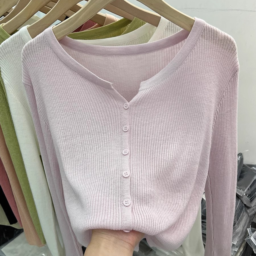 薄款软糯长袖坑条针织衫开衫女2025春秋装新款外搭防晒衣纯色上衣 - 封面