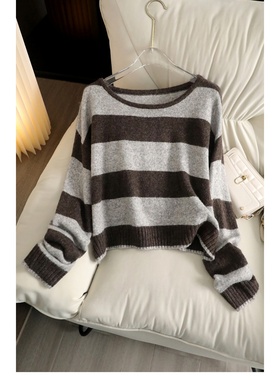 2025秋冬新款韩版宽松慵懒风长袖条纹针织衫女圆领宽松百搭毛衣女
