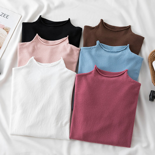 洋气百搭修身 半高领针织打底衫 新款 2021春秋季 毛衣内搭上衣 女长袖