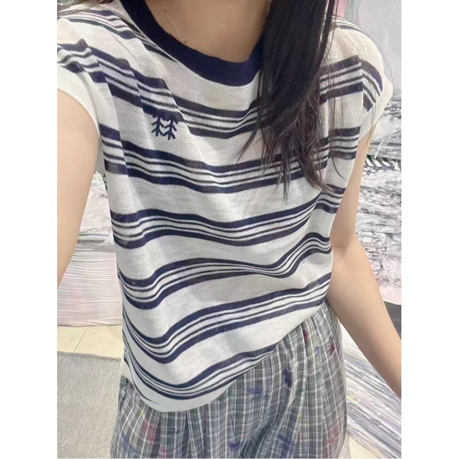 套头针织衫2025夏装新款女装宽松款圆领无袖撞色条纹短款上衣