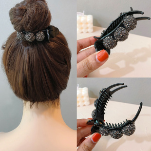 气质黑色鲨鱼夹后脑勺韩国抓夹简约钻球丸子头发夹女圆形发卡夹子
