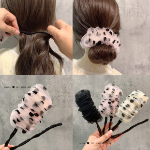 2020韩国丸子头盘发器网红懒人波点蕾丝编发造型神器女花苞头发带