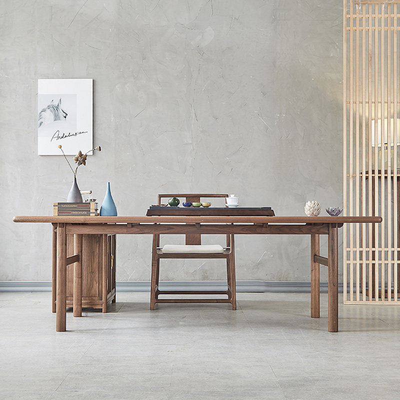 新中式书桌黑胡桃木书桌茶桌实木书法桌书画桌原木书桌书房写字桌