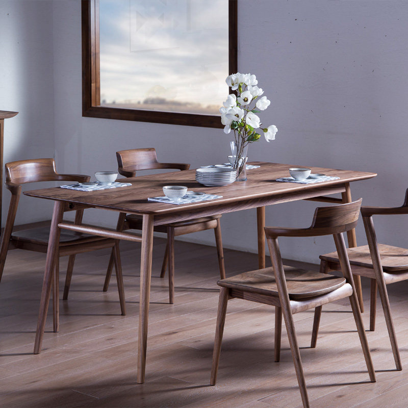 佐必林黑胡桃餐桌椅组合现代简约长方形桌子一桌六椅饭桌实木餐桌