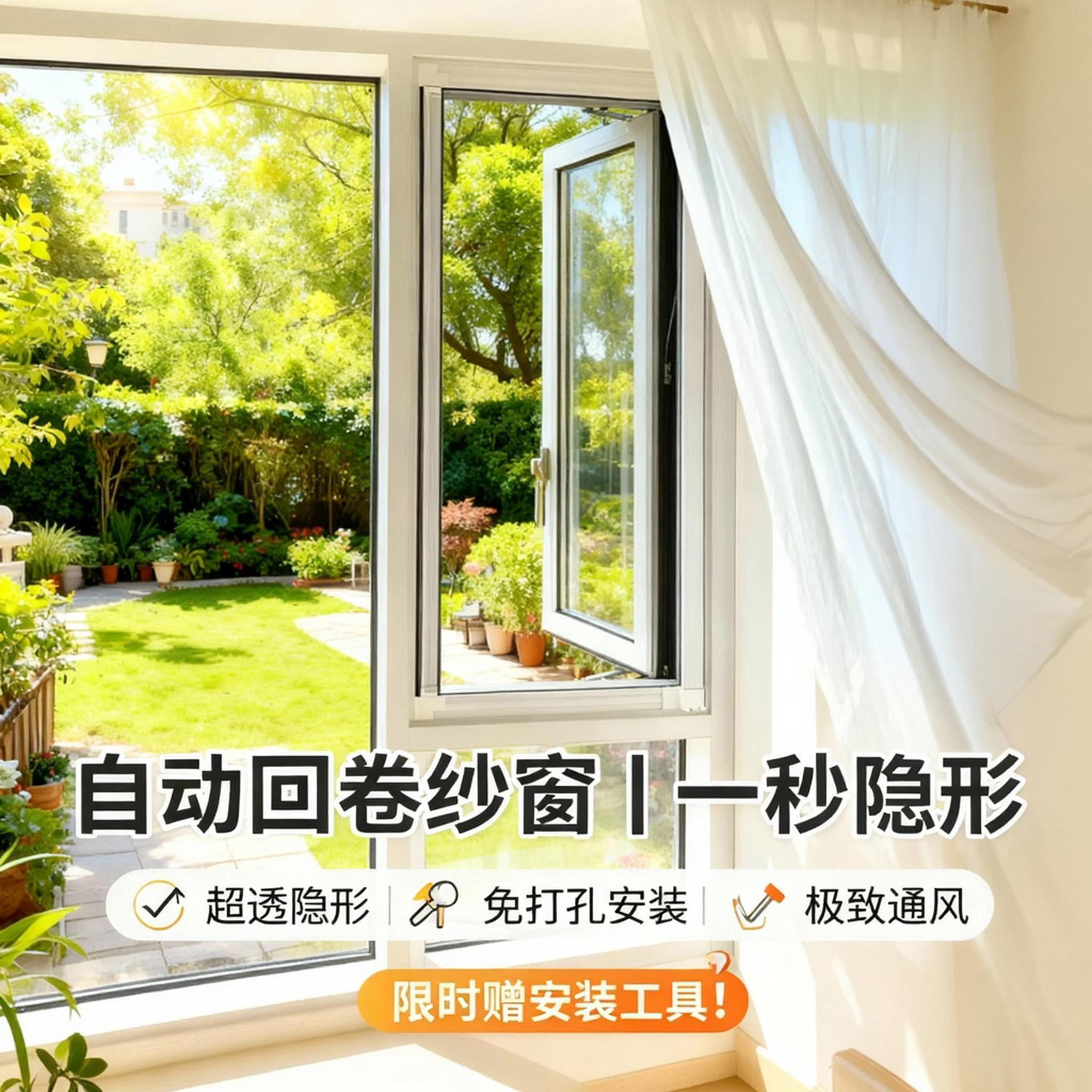 高透隐形纱窗自动回卷免打孔安装
