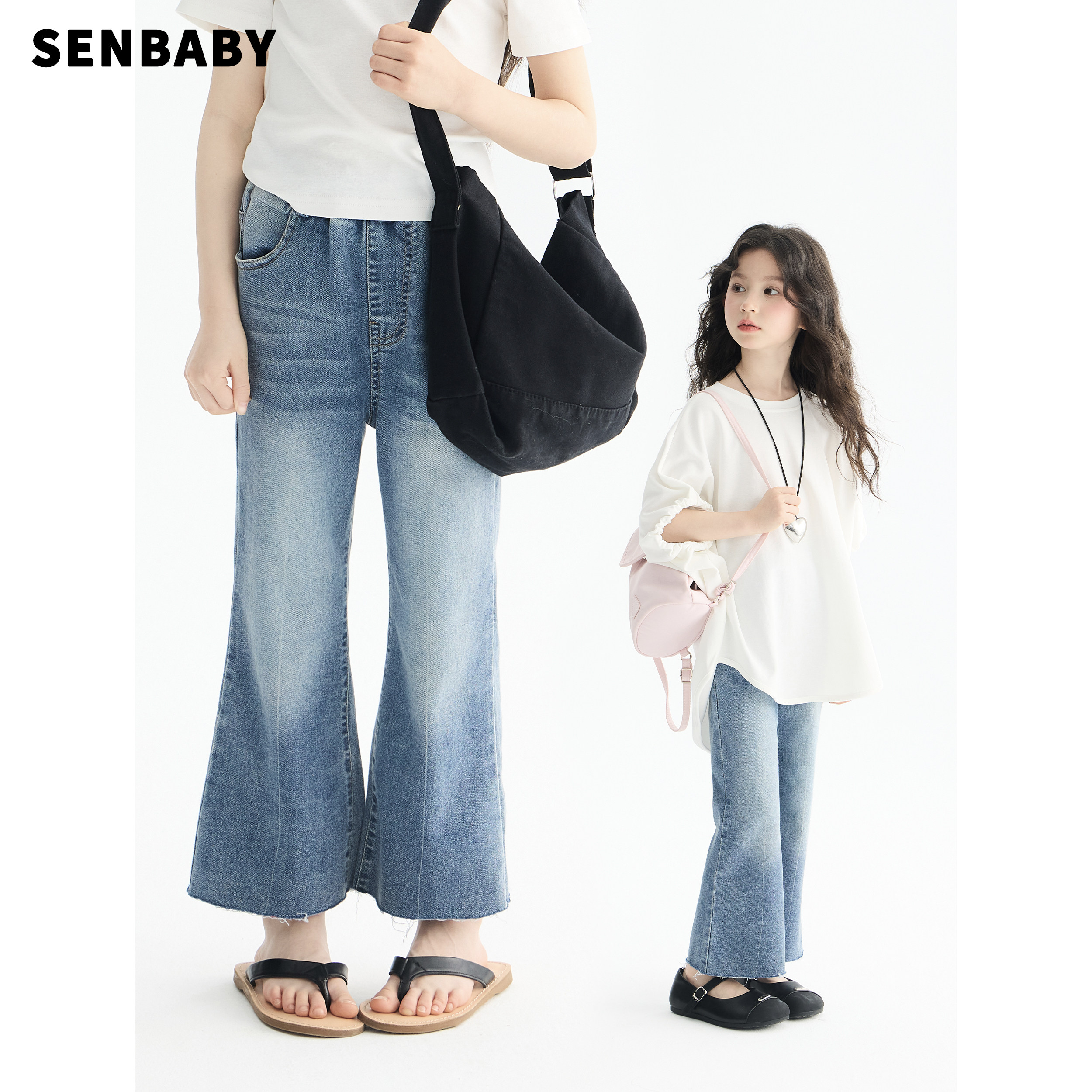 senbaby童装女童牛仔裤时髦2026夏季新款韩版儿童休闲九分喇叭裤