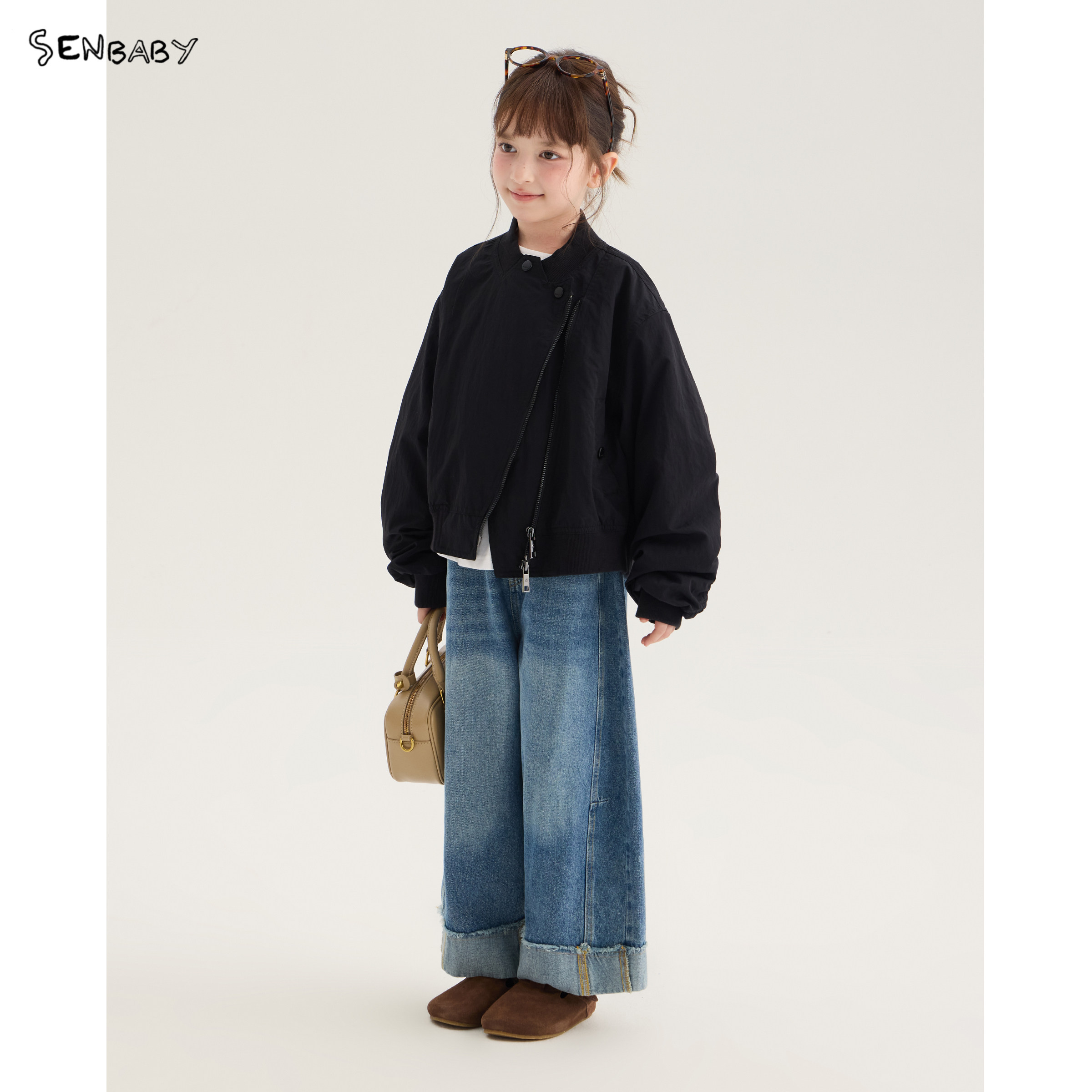 senbaby女童26秋季新款外套儿童百搭斜拉链设计黑色飞行服夹克图片