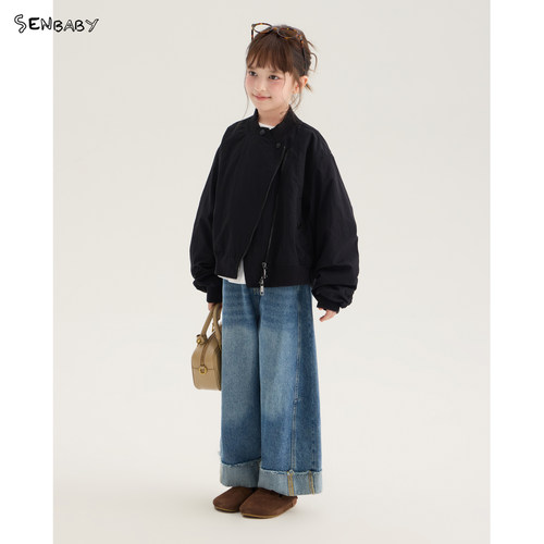 senbaby女童26秋季新款外套儿童百搭斜拉链设计黑色飞行服夹克
