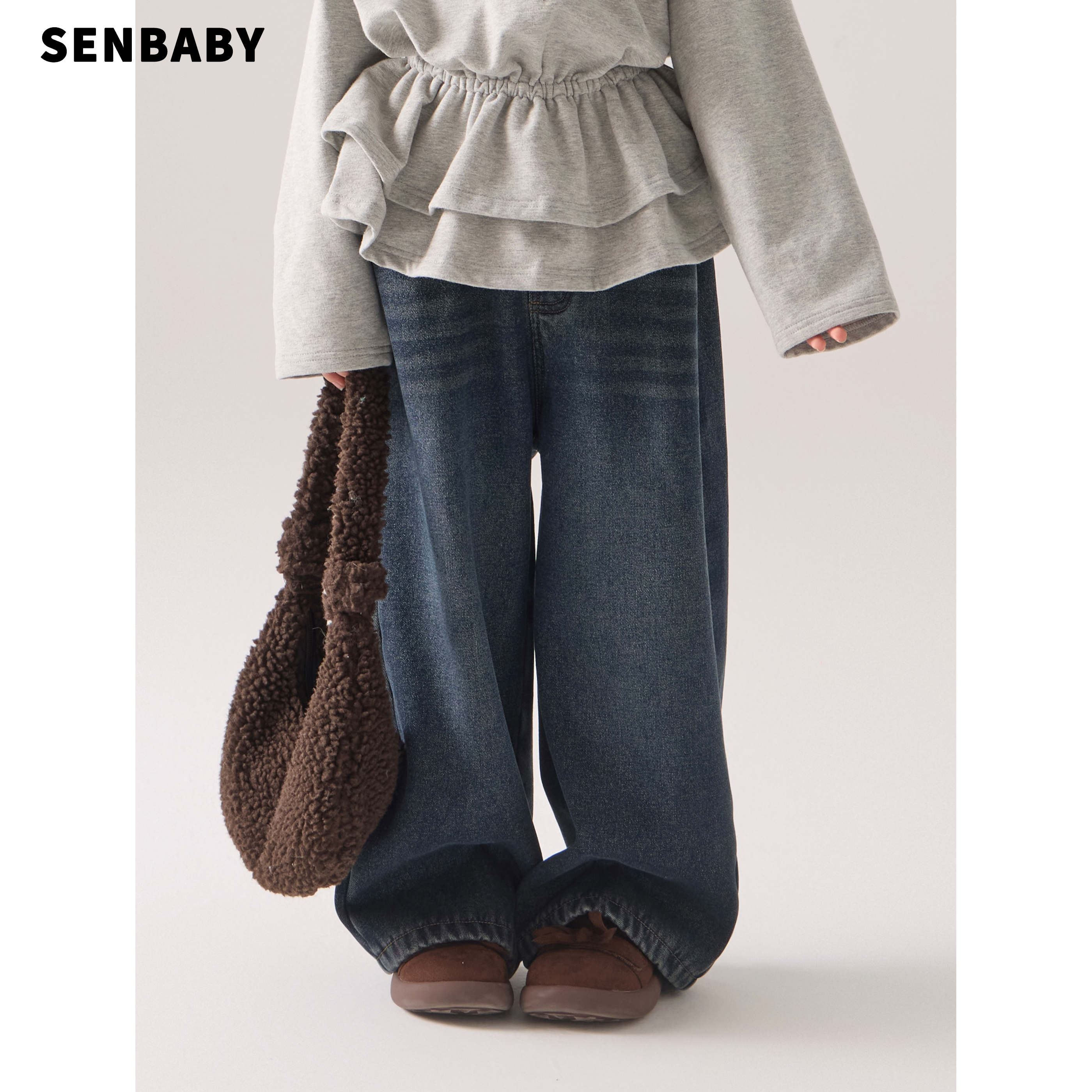 senbaby童装女童直筒牛仔裤子冬季儿童保暖长裤加绒深色牛仔裤