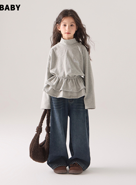 senbaby童装女童洋气上衣2025冬新款韩版儿童灰色刺绣裙摆打底衫