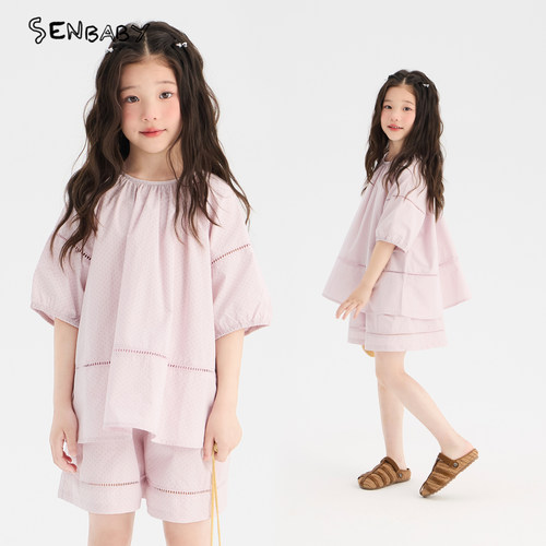 senbaby童装女童灯笼袖上衣短裤两件套夏季儿童休闲粉色点点套装