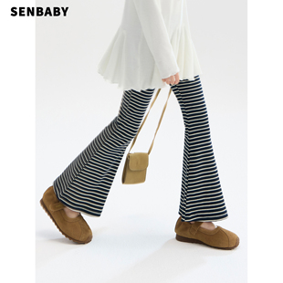 senbaby童装女童喇叭裤2026春款韩版儿童长裤修身裤子条纹喇叭裤