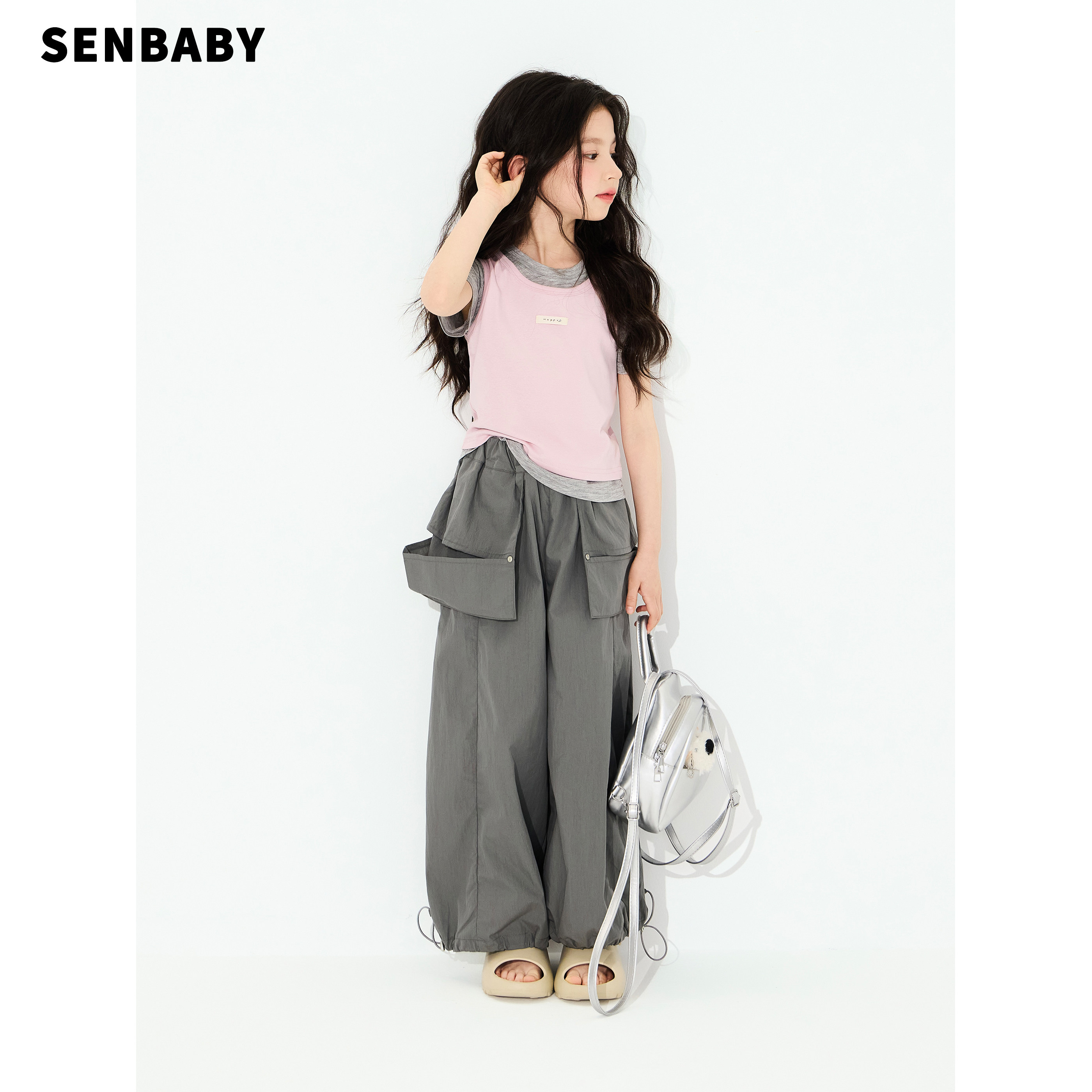 senbaby童装女童套装2026夏季新款儿童圆领短袖灰粉色假两件上衣