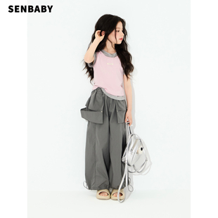 senbaby童装女童套装2026夏季新款儿童圆领短袖灰粉色假两件上衣