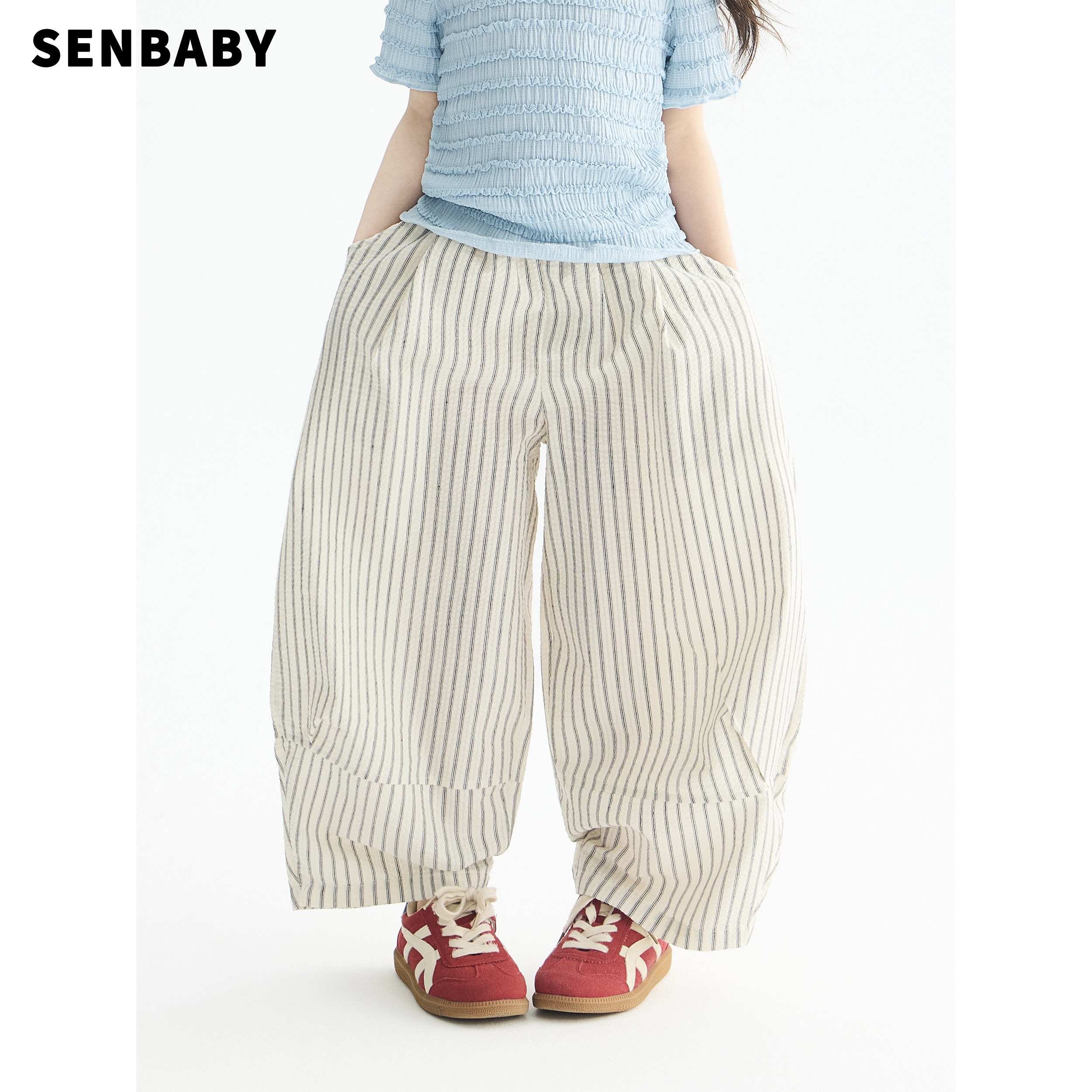 【现货】senbaby童装女童休闲裤夏季长裤2026新款条纹宽松阔腿裤