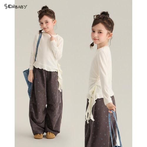 【现货】senbaby童装女童打底衫儿童长袖t恤木耳边抽褶设计打底衫