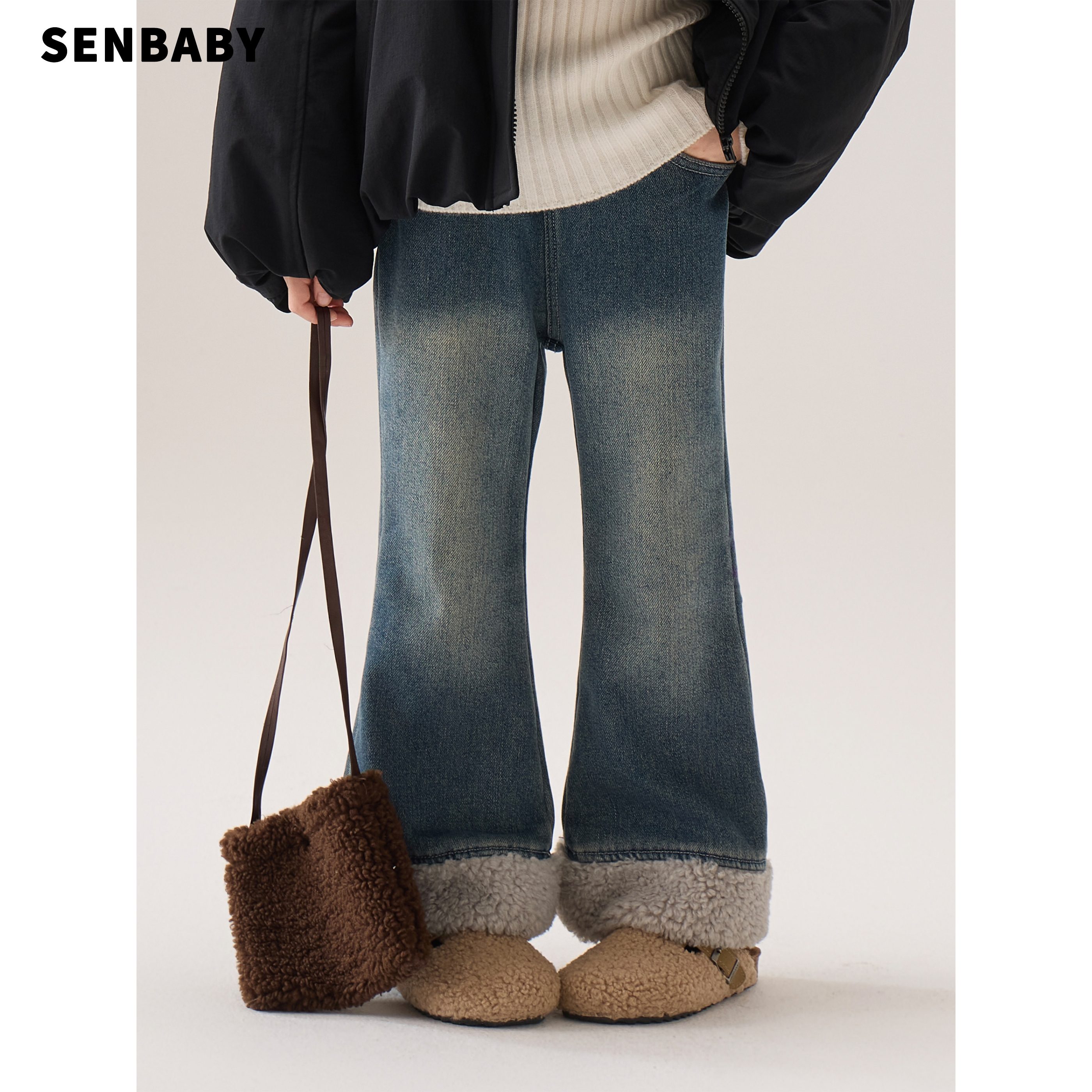 senbaby童装女童牛仔裤2025秋冬韩版儿童加厚加绒牛仔毛边喇叭裤