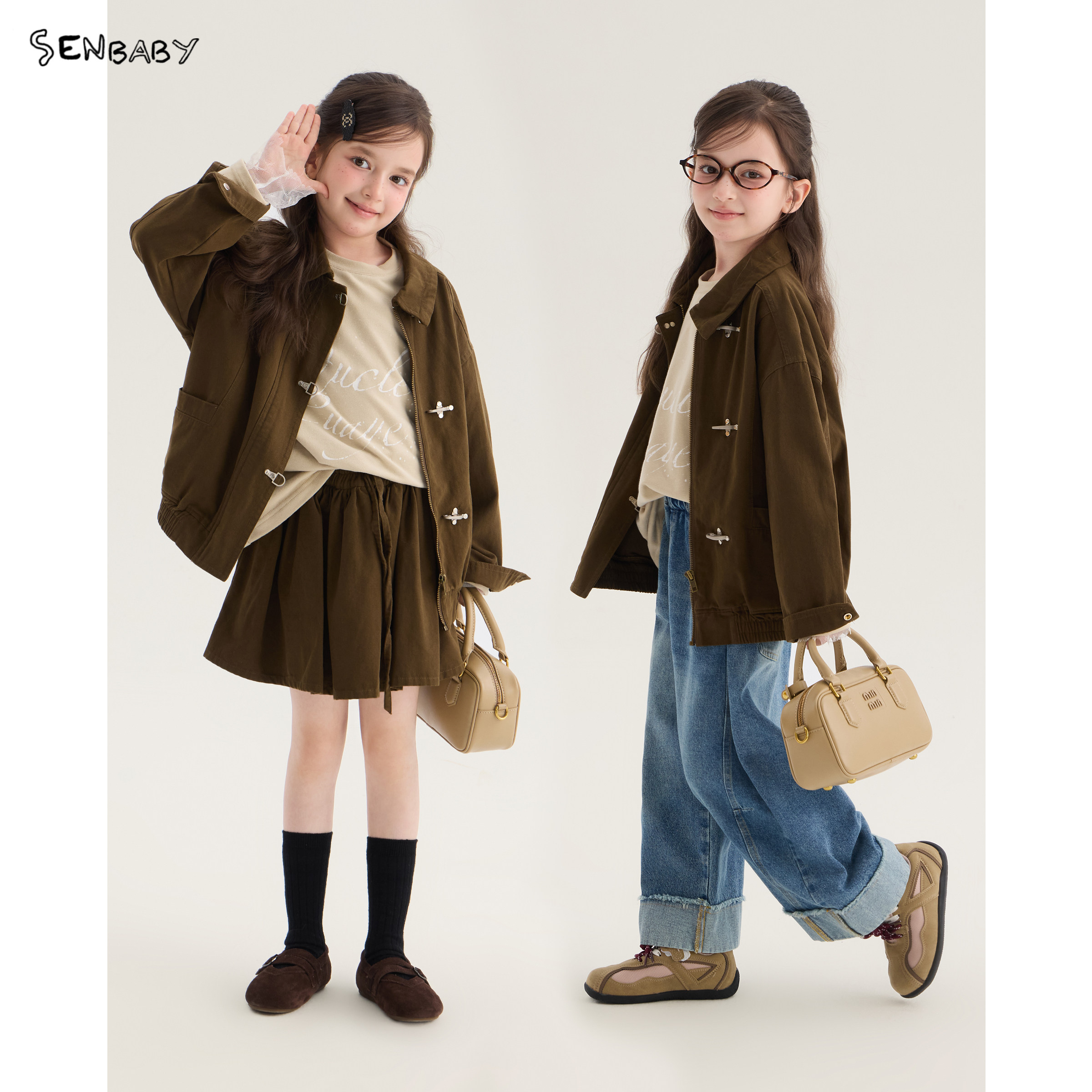 【现货】senbaby童装女童秋季套装儿童纯色工装外套+半身裙两件套