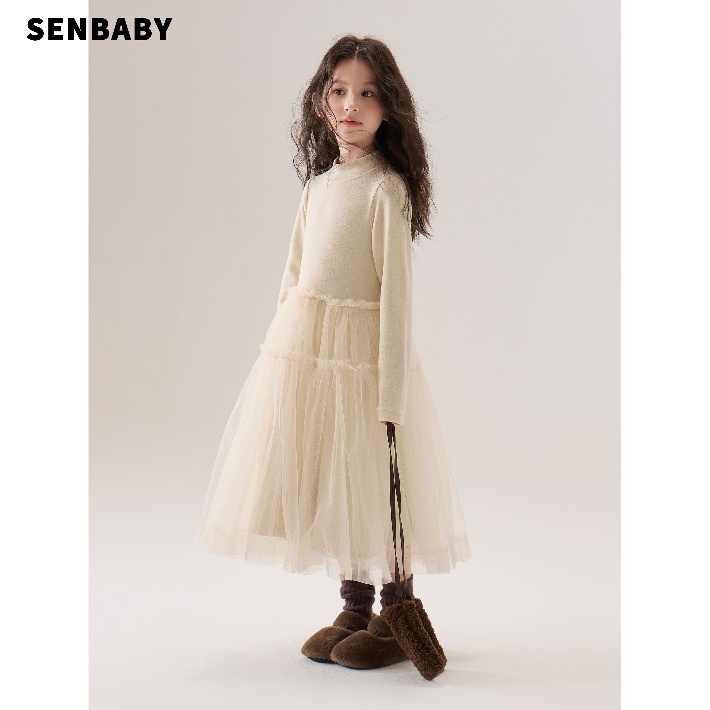 【现货】senbaby童装 女童洋气长裙秋冬2025新款加厚磨毛连衣裙