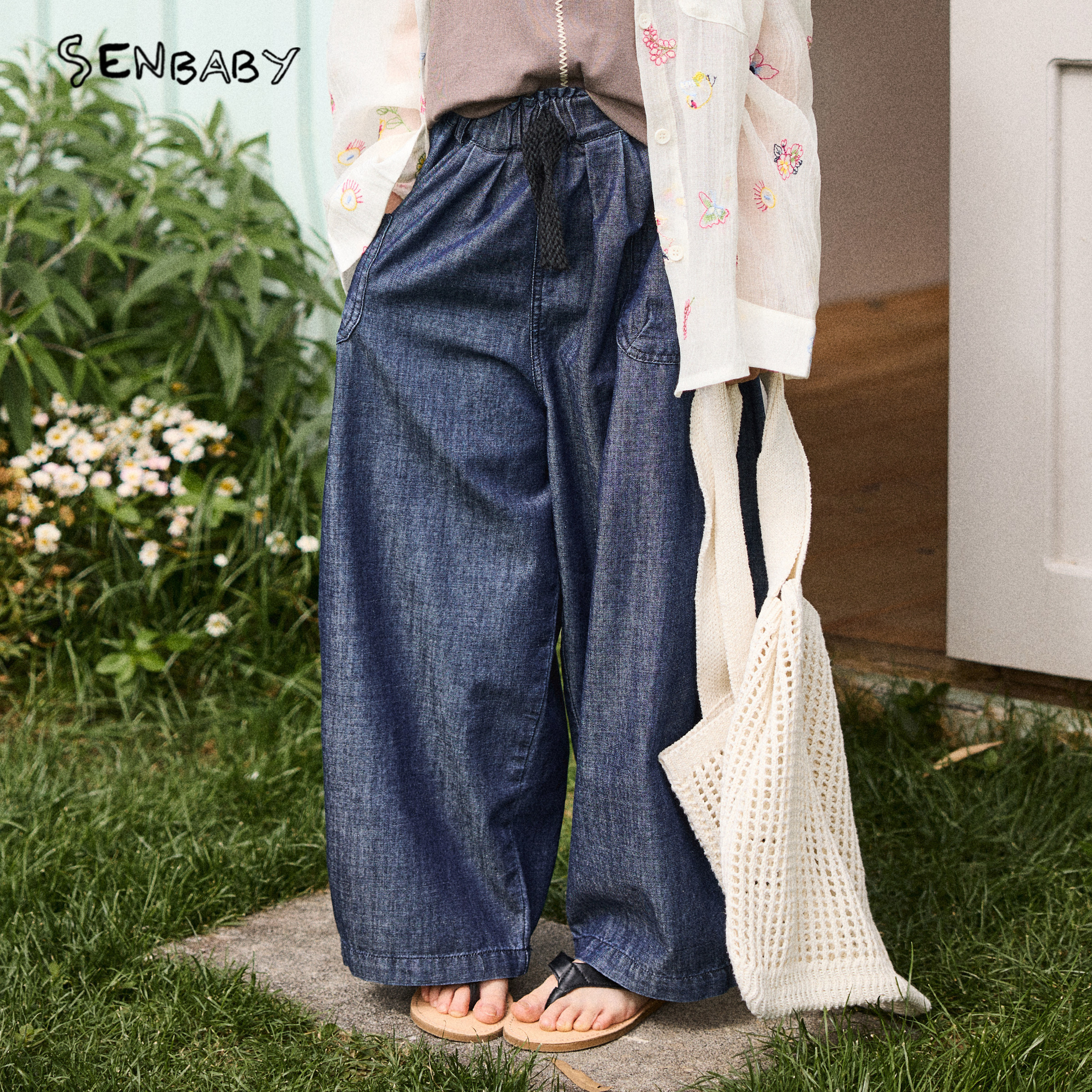 senbaby童装女童阔腿裤夏季韩版儿童牛仔长裤简约口袋薄款牛仔裤