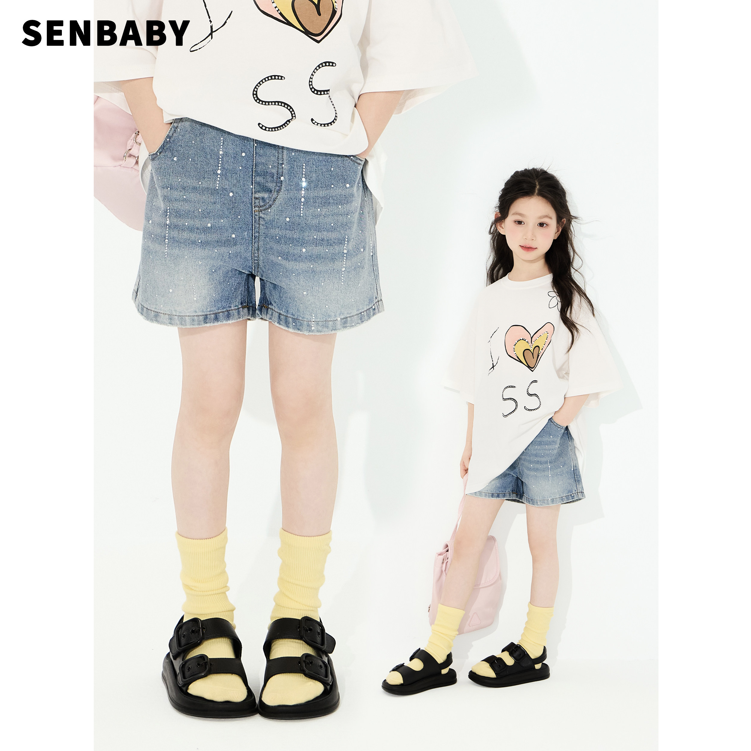 【现货】senbaby童装女童短裤亮片牛仔裤短2026夏季烫钻牛仔短裤图片