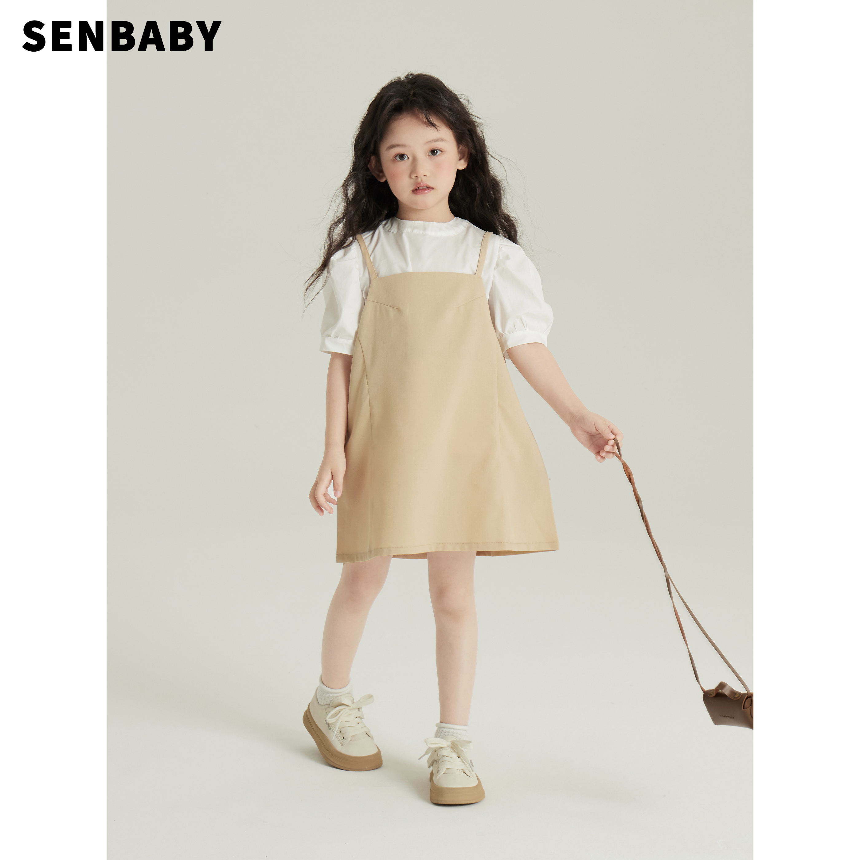 senbaby女童泡泡袖上衣+吊带裙夏