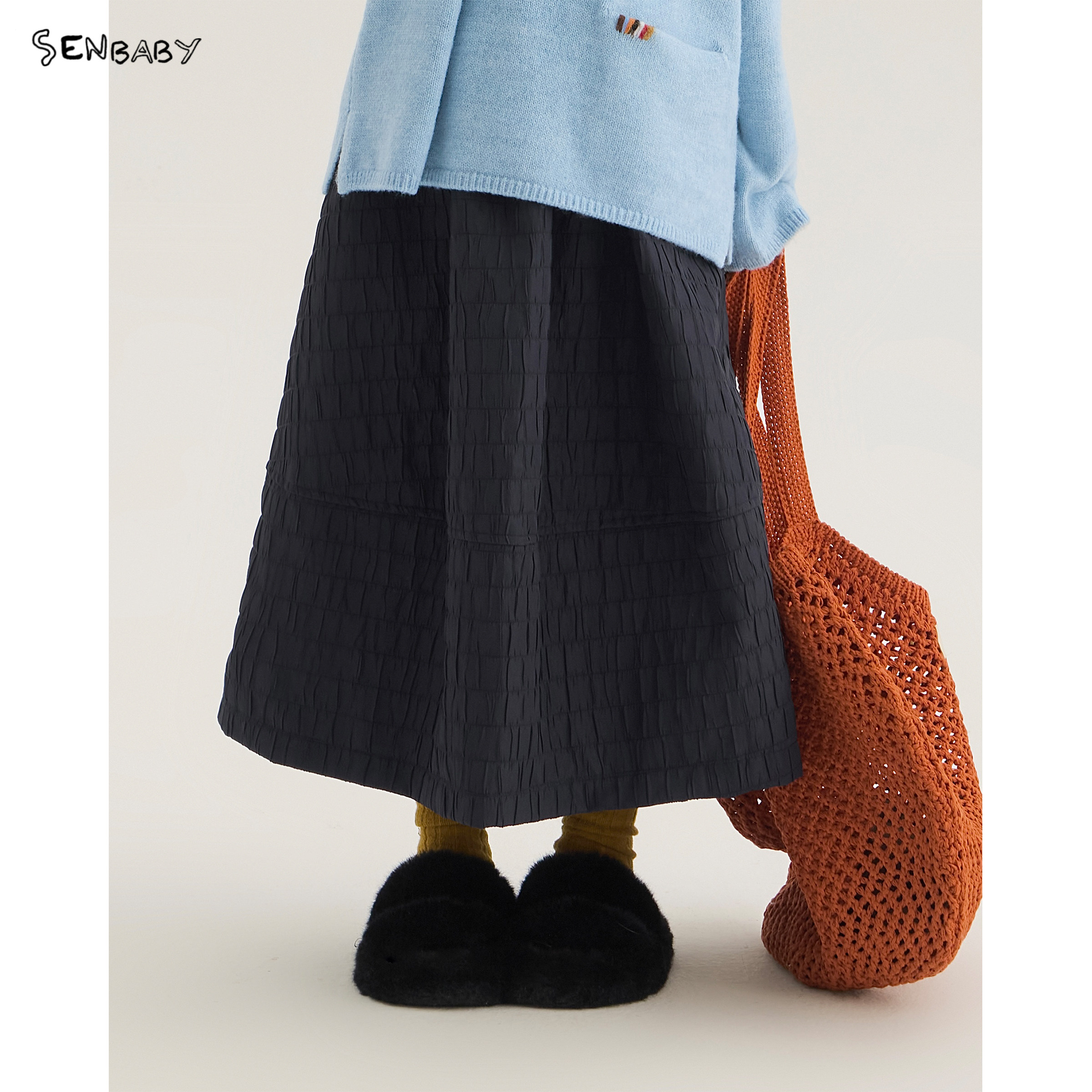 【现货】senbaby童装女童半裙长款秋冬新款腔调儿童肌理纹半身裙