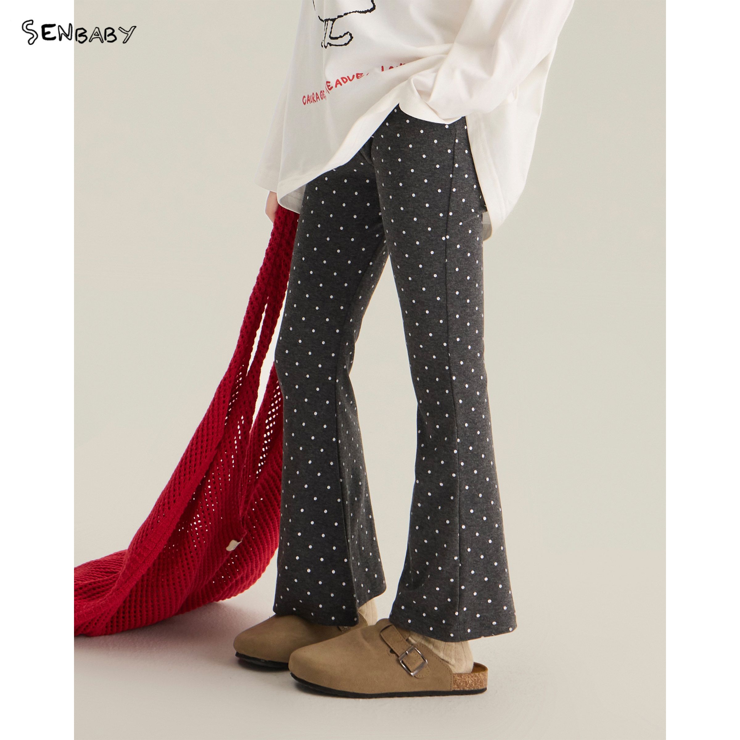 senbaby童装女童休闲裤韩版春秋微喇裤儿童小圆点长裤波点喇叭裤图片