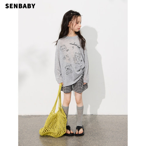 【现货】senbaby童装女童长袖短裤套装儿童遮阳防晒T恤短裤两件套