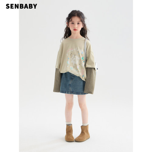 【现货】senbaby童装女童套装涂鸦长袖T恤牛仔半裙(防走光)两件套