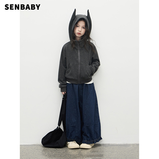 senbaby童装女童个性外套秋季潮儿童短款小恶魔耳朵外套