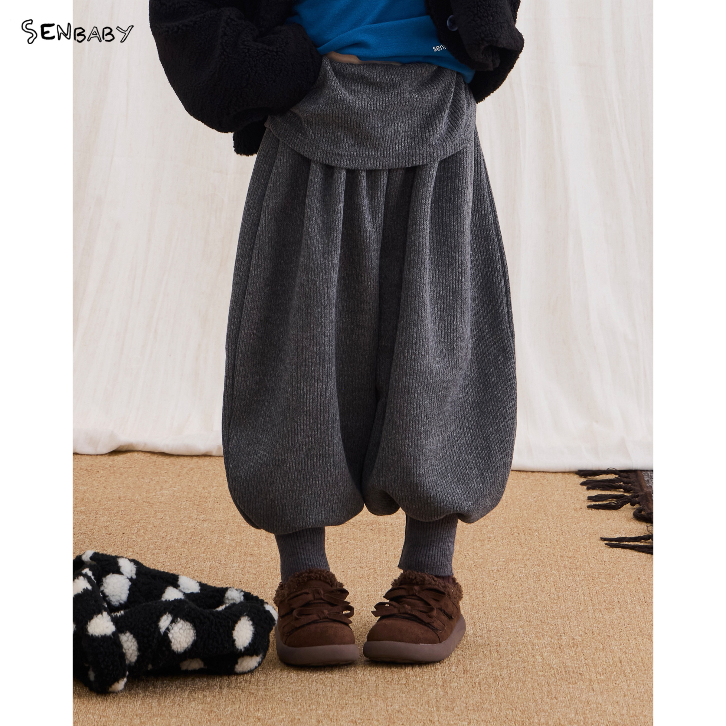 senbaby童装女童加绒时髦束脚裤儿童冬季新款设计感收裤脚加绒裤