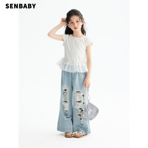 【现货】senbaby童装女童短袖T恤2026夏新款韩版儿童拼接白色上衣
