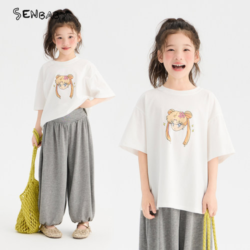 senbaby童装女童短袖2026夏季新款儿童休闲圆领套头卡通印花T恤