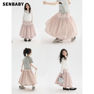 senbaby童装女童粉色长款半身裙儿童春夏韩系重工双层洋气裙子